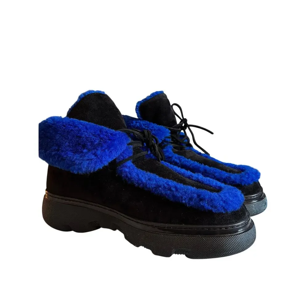 Burberry NWT Blue/Black Shearling Embellished Suede Creeper Boot - Picture 3 of 10